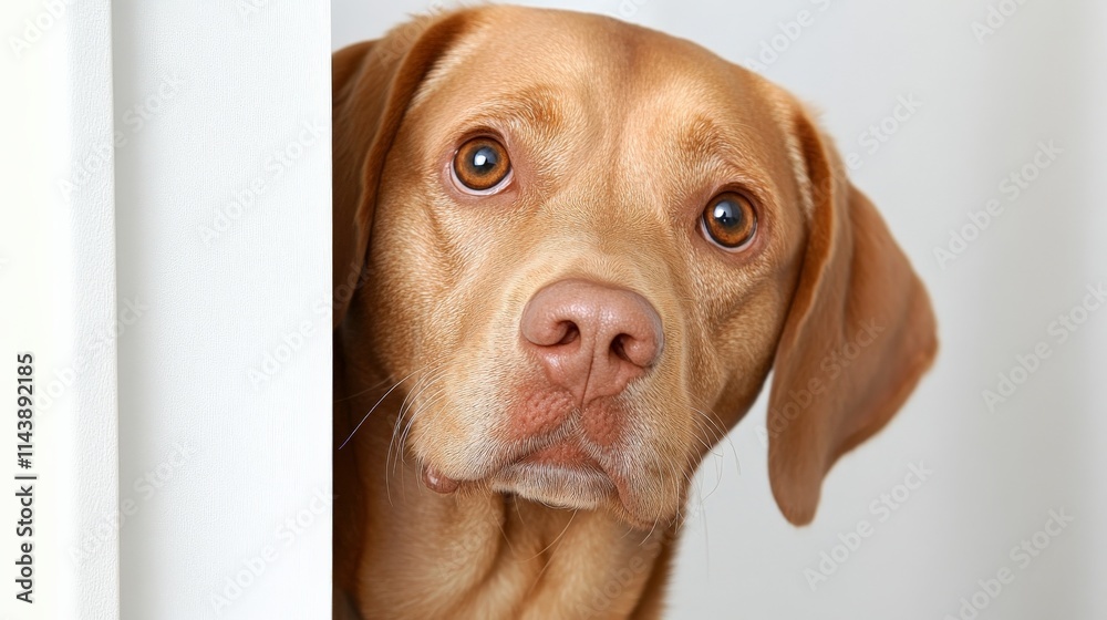 Curious Canine: A light brown dog, possibly a Labrador Retriever mix, peeks inquisitively from behind a white surface, its large, expressive eyes captivating the viewer. Curious Canine: A light brown dog, possibly a Labrador Retriever mix, peeks inquisitively from behind a white surface, its large, expressive eyes captivating the viewer.