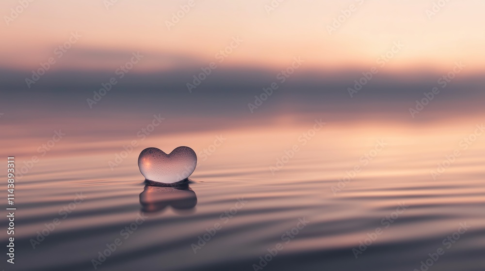 Heart-shaped object floats serenely on calm water as soft light reflects during twilight Heart-shaped object floats serenely on calm water as soft light reflects during twilight