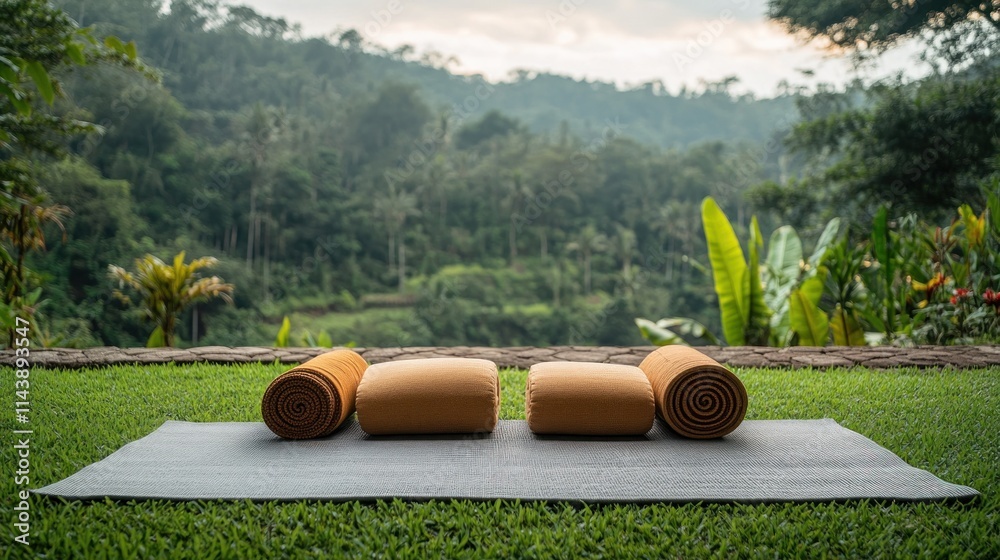 Outdoor yoga setup with mats and blocks overlooking lush green landscape. Outdoor yoga setup with mats and blocks overlooking lush green landscape.