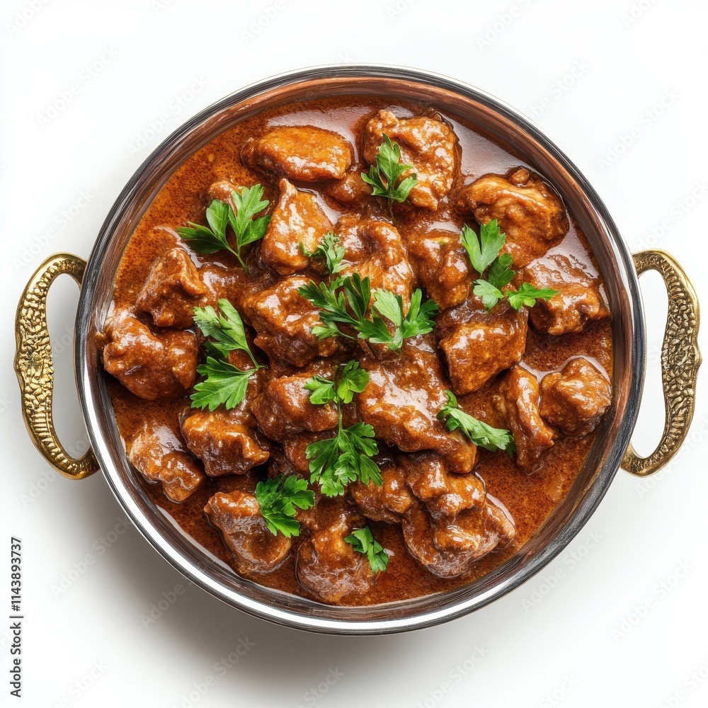 Indian butter chicken curry in balti dish isolated on white background, top view Indian butter chicken curry in balti dish isolated on white background, top view