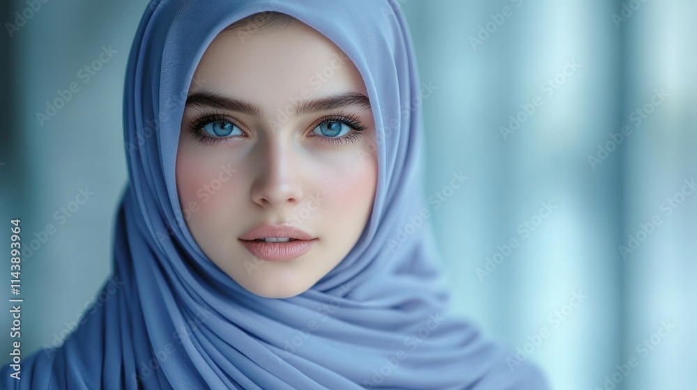 Close-up portrait of a young woman wearing a light blue hijab. Close-up portrait of a young woman wearing a light blue hijab.