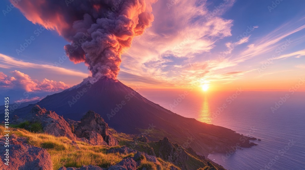 Fototapeta premium Majestic Volcanic Eruption at Sunset with Vibrant Clouds and Serene Ocean View, Capturing the Raw Power of Nature in a Breathtaking Landscape