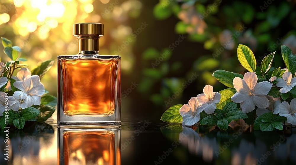 Elegant perfume bottle surrounded by flowers and greenery. Elegant perfume bottle surrounded by flowers and greenery.