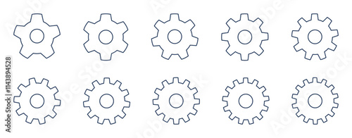 vector set of gear with hole, 5 teeth - 14 teeth (outline)