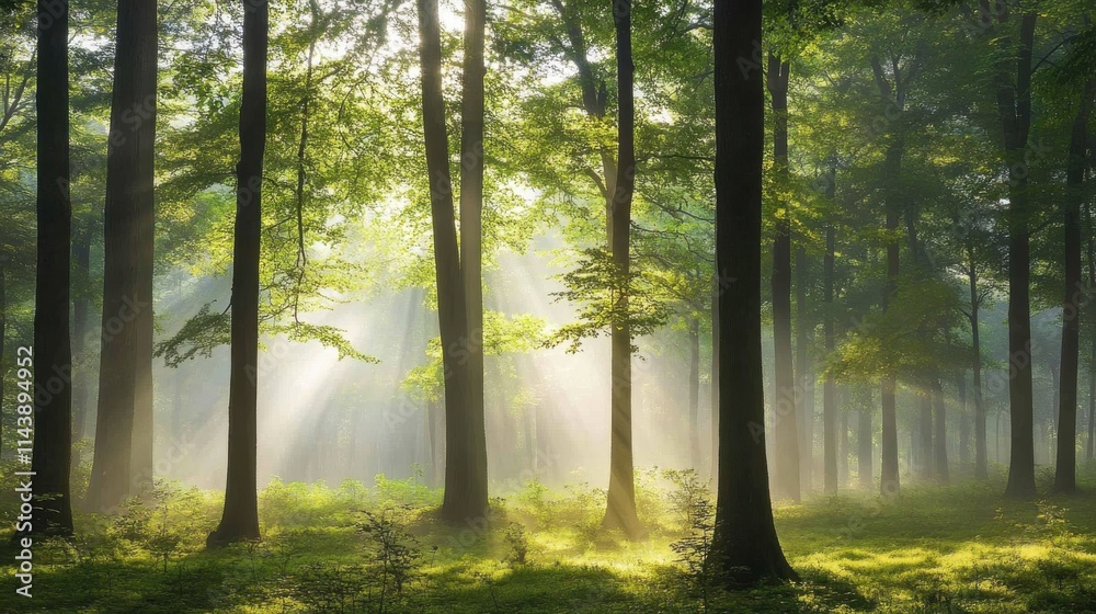 Misty forest with diffused sunlight illuminating trees in early morning tranquility Misty forest with diffused sunlight illuminating trees in early morning tranquility