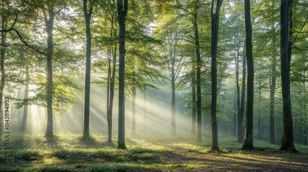 Misty forest with diffused sunlight illuminating trees in a tranquil morning atmosphere Misty forest with diffused sunlight illuminating trees in a tranquil morning atmosphere