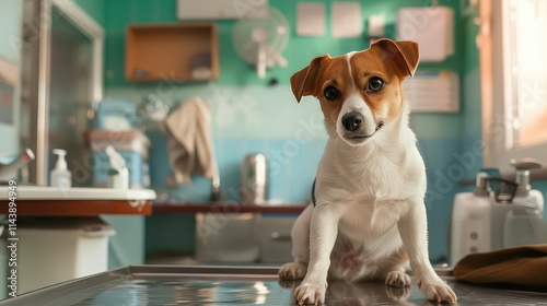 Adorable Jack Russell Terrier at Veterinary Clinic Exam photo