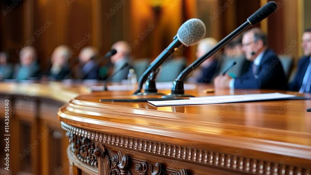 Legislative Hearing:  A close-up view of microphones and a polished wooden table in a legislative chamber, suggesting a formal gathering for debate and discussion.