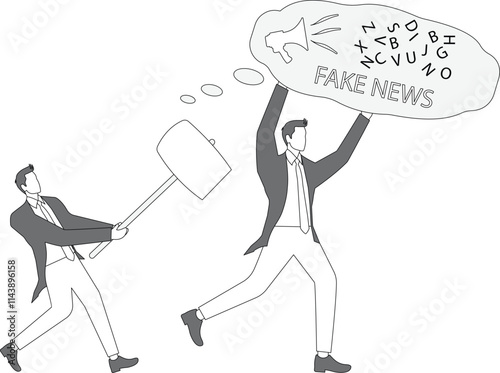 To sanction and combat the spread of fake news, businessman holding a hammer to hit the businessman holding a speech bubble of fake information