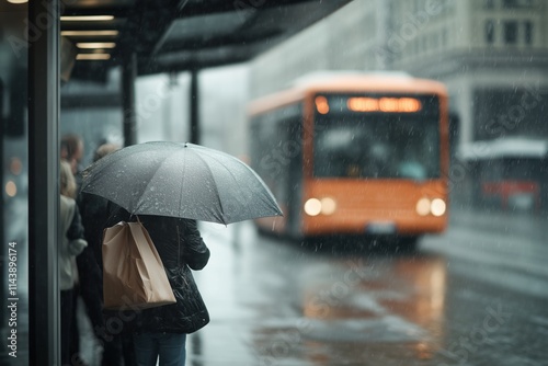 Rainy Day Commute: A lone figure stands at a bus stop, seeking shelter from the downpour under an umbrella, as a bus pulls into the station in the background.