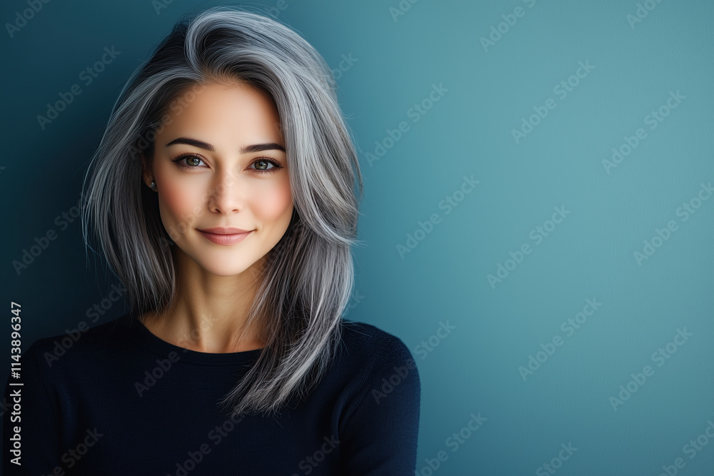 Fototapeta premium Portrait of an attractive woman with silver hair, posing against a dark blue background