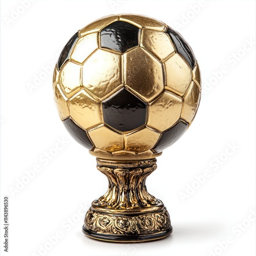 Gold soccer ball trophy on ornate base. photo