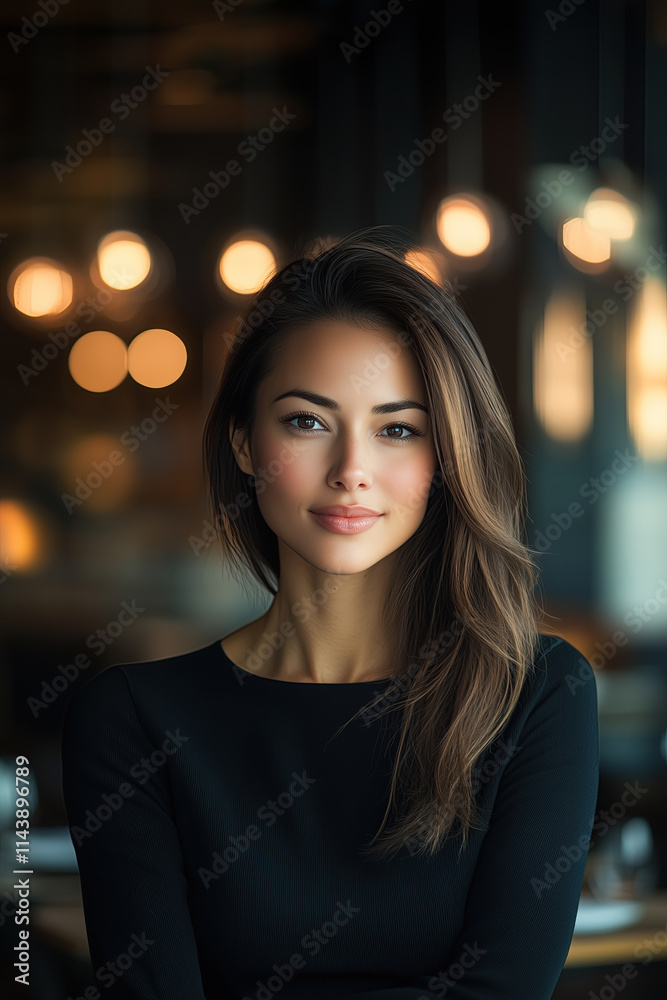 Beautiful woman in a black long-sleeved top, with brown hair in a straight hairstyle. Blurred restaurant background with bokeh lights. Beautiful woman in a black long-sleeved top, with brown hair in a straight hairstyle. Blurred restaurant background with bokeh lights.