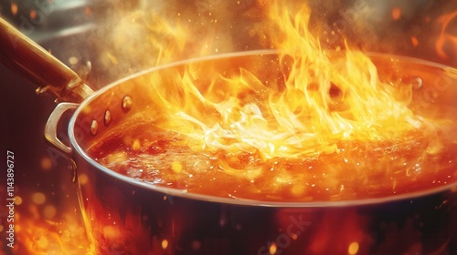 a pot of soup boiling over dramatically, with flames starting underneath, and the chef scrambling to save the meal. 