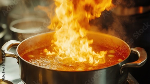 a pot of soup boiling over dramatically, with flames starting underneath, and the chef scrambling to save the meal. 