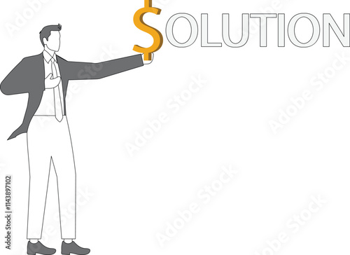 Problem solving concept illustration, businessman hand holding dollar sign composed of letters solution