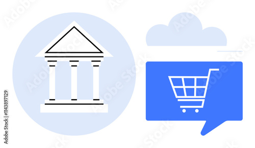 Bank building with columns next to blue shopping cart in speech bubble under cloud. Ideal for fintech, e-commerce, cloud computing, digital transformation, online banking, cloud services, tech