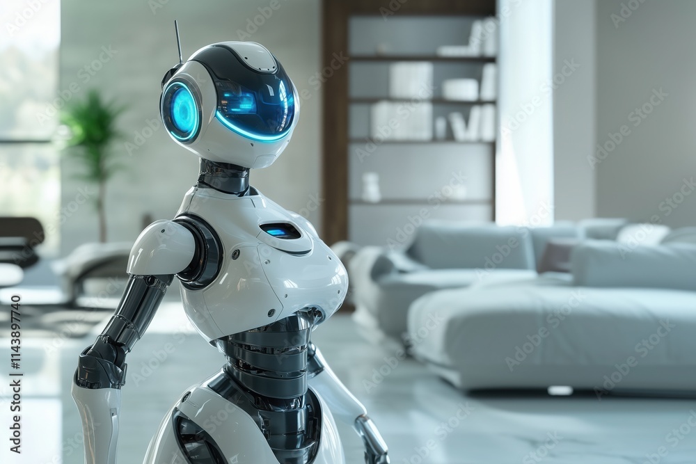The Future of Home: A sleek, humanoid robot stands poised in a modern living room. The Future of Home: A sleek, humanoid robot stands poised in a modern living room.