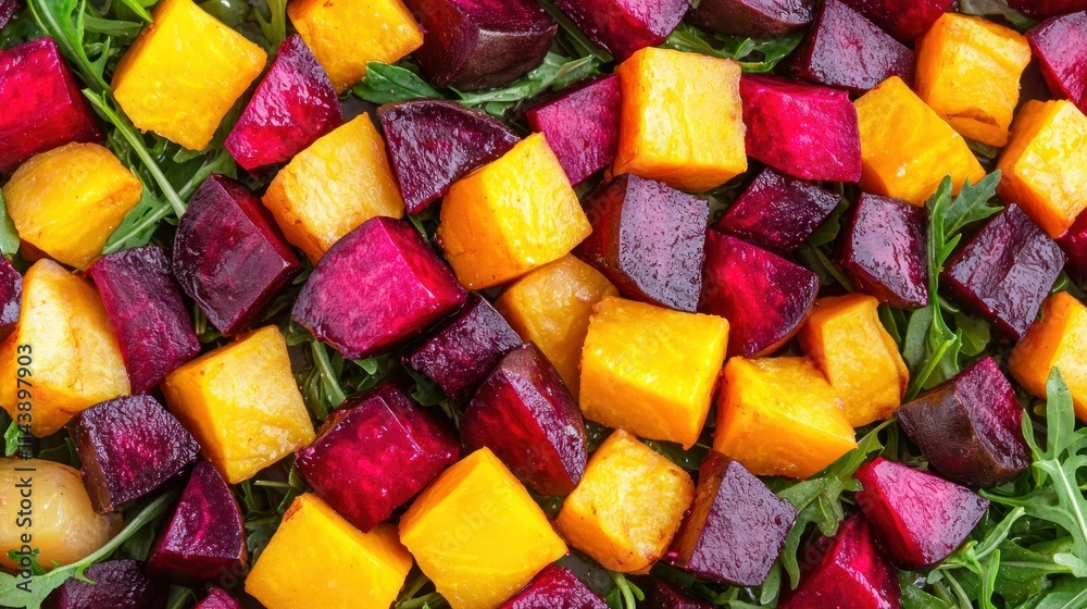 Colorful roasted beets and squash salad on greens. Colorful roasted beets and squash salad on greens.