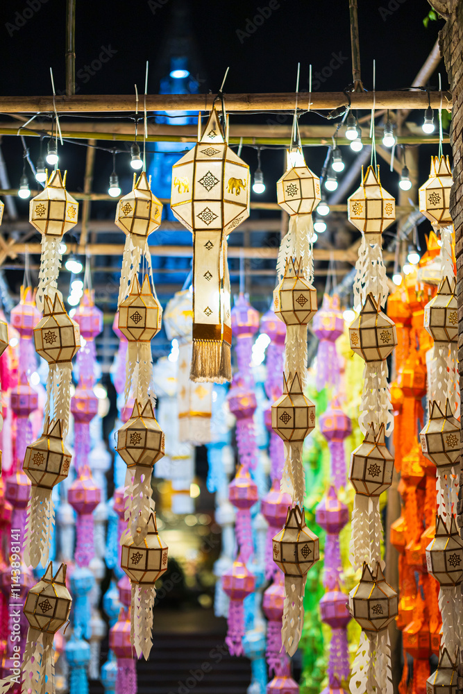 the Beautiful Colorful Lanna lamp paper lantern background pattern Loi Krathong or Yi Peng Festival are northern thai style lanterns at Wat Lok Moli in Chiang Mai Thailand.