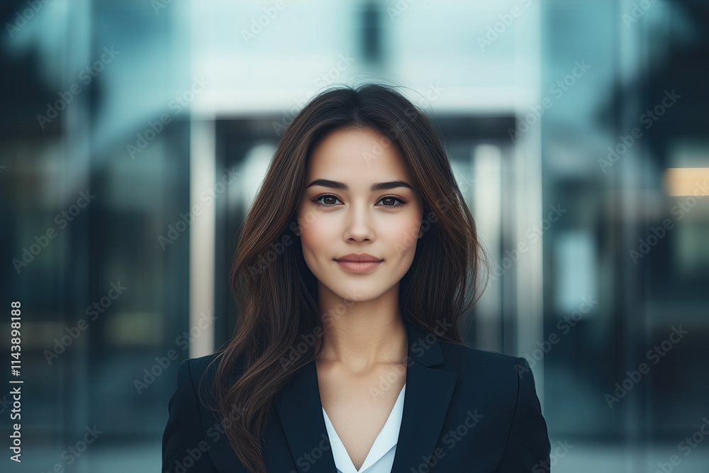 Young and fearless. Businesswoman in a suit standing against a glass building. Young and fearless. Businesswoman in a suit standing against a glass building.