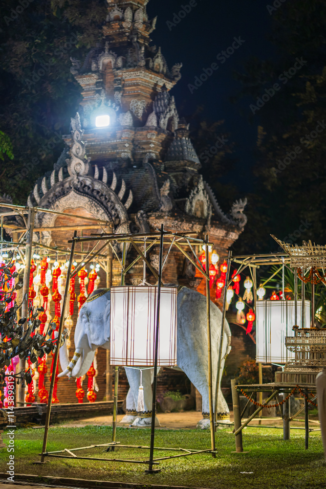 the Beautiful Colorful Lanna lamp paper lantern background pattern Loi Krathong or Yi Peng Festival are northern thai style lanterns at Wat Lok Moli in Chiang Mai Thailand.