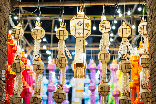 Obraz na płótnie the Beautiful Colorful Lanna lamp paper lantern background pattern Loi Krathong or Yi Peng Festival are northern thai style lanterns at Wat Lok Moli in Chiang Mai Thailand. w salonie