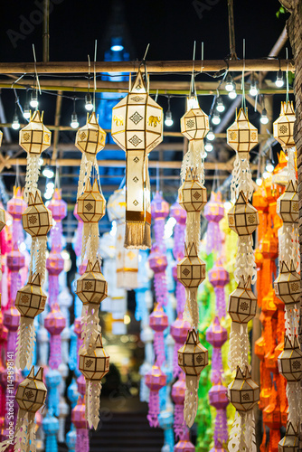 Obraz na płótnie the Beautiful Colorful Lanna lamp paper lantern background pattern Loi Krathong or Yi Peng Festival are northern thai style lanterns at Wat Lok Moli in Chiang Mai Thailand. w salonie