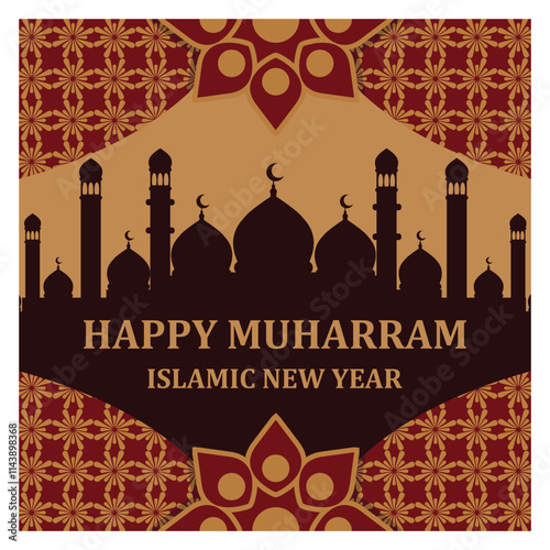 Happy muharram islamic new year greeting Card with Mosque Silhouette and Ornamental Background.