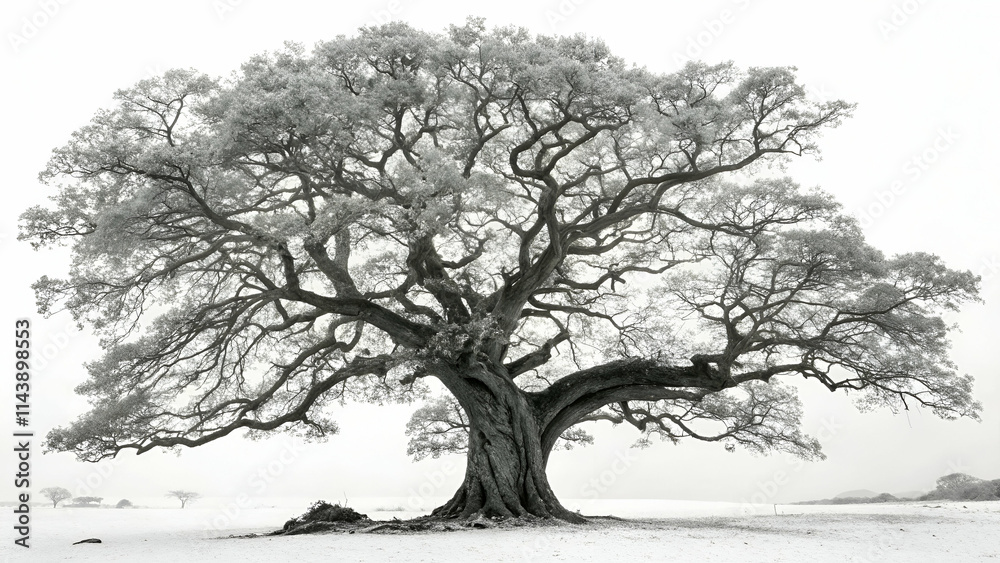 Black drawing of a large tree with intricate branches and leaves, set on a white background, perfect for nature-inspired designs Black drawing of a large tree with intricate branches and leaves, set on a white background, perfect for nature-inspired designs