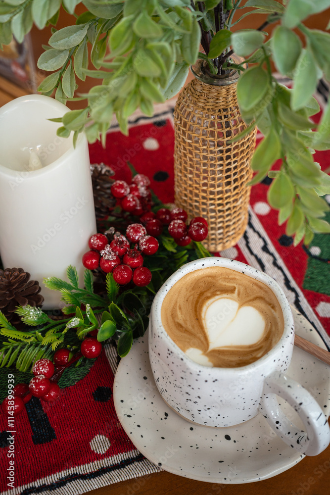 Close up of Hot coffee latte with latte art milk foam in cup mug with Xmas decors and Xmas tree baubles on wood desk Celebrating Merry Christmas and New year,Merry x-mas