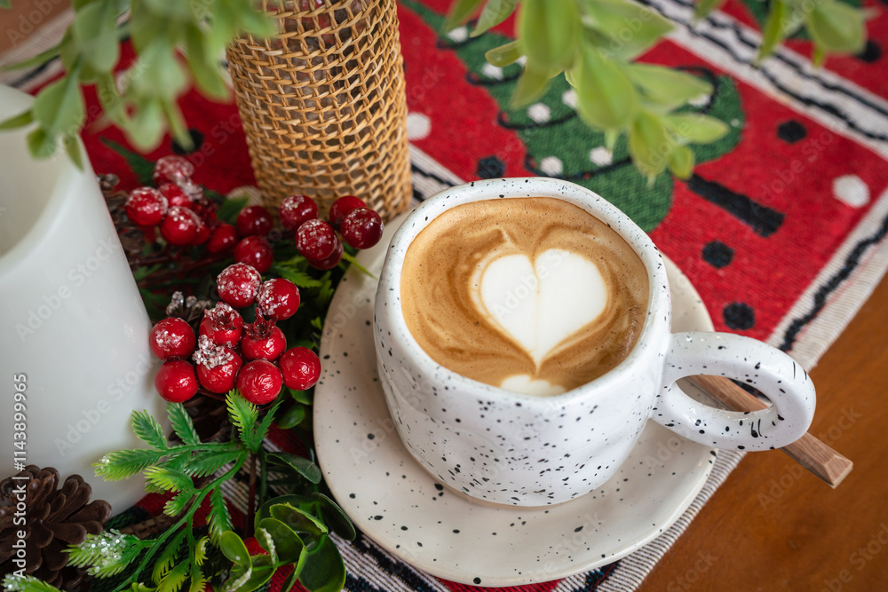 Close up of Hot coffee latte with latte art milk foam in cup mug with Xmas decors and Xmas tree baubles on wood desk Celebrating Merry Christmas and New year,Merry x-mas