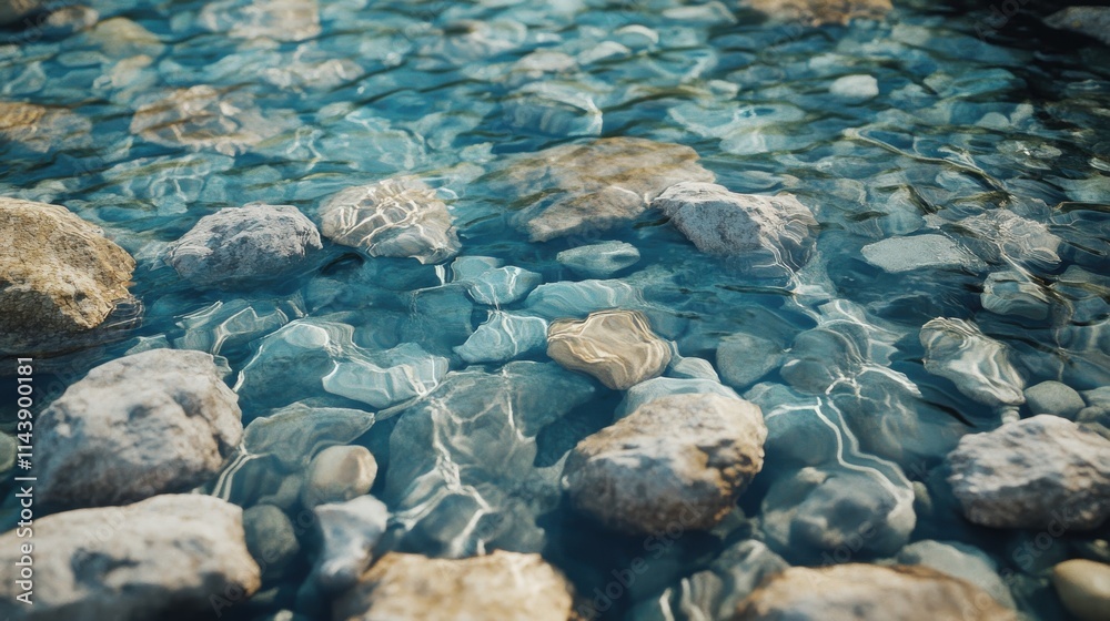 Clear water reveals smooth stones beneath in a tranquil natural setting during daylight hours Clear water reveals smooth stones beneath in a tranquil natural setting during daylight hours