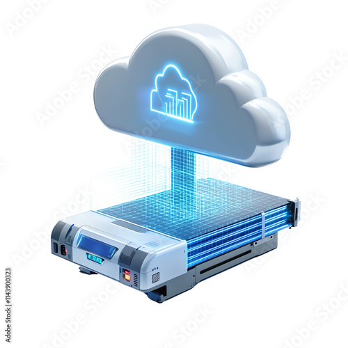 Visualize cloud computing with this modern server illustration, showcasing data transfer and storage in a digital format.,transparent background