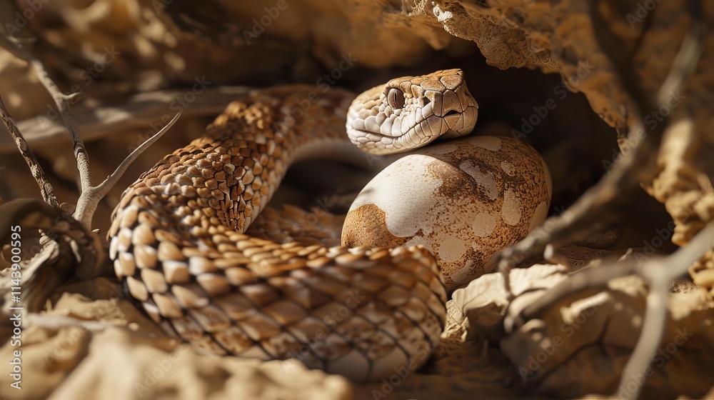 Venomous Viper Sipping from an Egg in a Desert Nest, Bathed in Harsh Sunlight and Sharp Shadows Venomous Viper Sipping from an Egg in a Desert Nest, Bathed in Harsh Sunlight and Sharp Shadows
