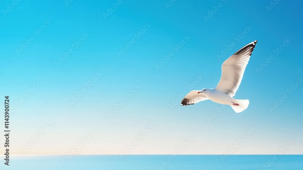 A Majestic Seagull In Flight Over The Tranquil Ocean Under A Clear Blue Sky, Capturing The Essence Of Freedom And Serene Beauty In Nature's Splendor A Majestic Seagull In Flight Over The Tranquil Ocean Under A Clear Blue Sky, Capturing The Essence Of Freedom And Serene Beauty In Nature's Splendor