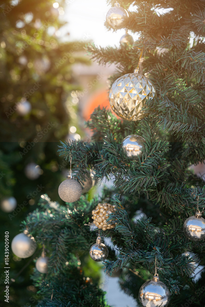 Merry x-mas,Close up of Colorful balls ,gifts box and Christmas greeting picture parcel,bell decoration on Green Christmas tree background Decoration During Christmas and New Year.