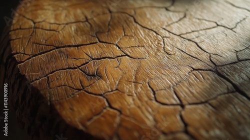 Detailed close-up showing intricate textures and patterns in weathered wood surface illuminated by soft light photo