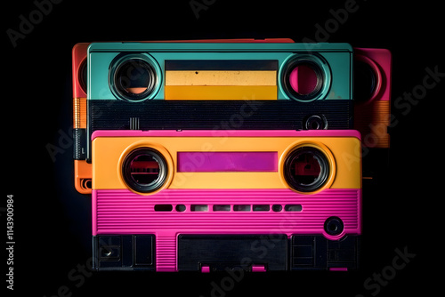 Old audio tape compact cassette on black background. Collection of retro cassette. Vintage pattern. 80s and 90s funky colorful design