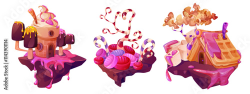 Candy land floating islands set. Chocolate platforms with pink syrup, cupcake tower with ice cream trees, striped candy canes with jelly, waffle cottage with marshmallow for fantasy game design.