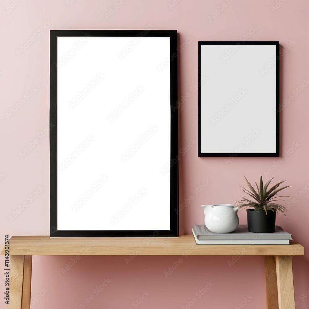 Blank frames and decor on a wooden shelf against a pink wall Blank frames and decor on a wooden shelf against a pink wall