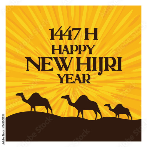 Greetings for the Hijri New Year 1447 with a camel walking in the desert.