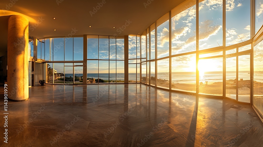 Fototapeta premium Sunset view from large windows in modern home.