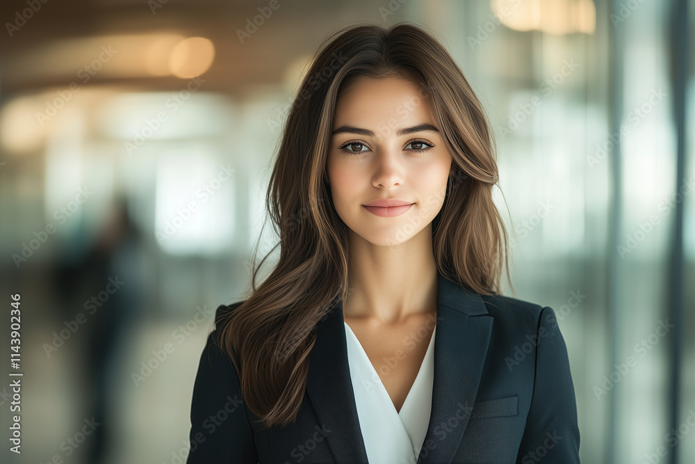 Hardworking businesswoman in a suit, standing in the hall of an office building. On her way up on ladder of success. Hardworking businesswoman in a suit, standing in the hall of an office building. On her way up on ladder of success.