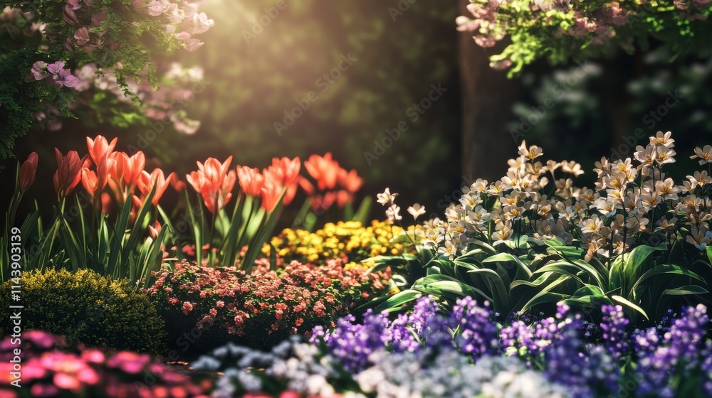 Obraz premium Vibrant spring garden filled with blooming flowers and lush greenery in a peaceful natural setting