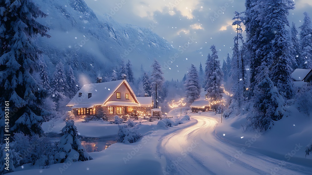 Fototapeta premium Cozy winter cabin scene snowy mountains photographic landscape evening