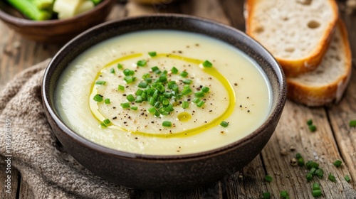 Creamy potato soup in bowl, garnished with chives and olive oil, served with bread.