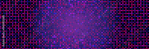 Abstract neon purple bg with 8 bit pixel pattern on gradient background. Vector retro illustration with overlay glow effect. Halftone with bitmap dither texture