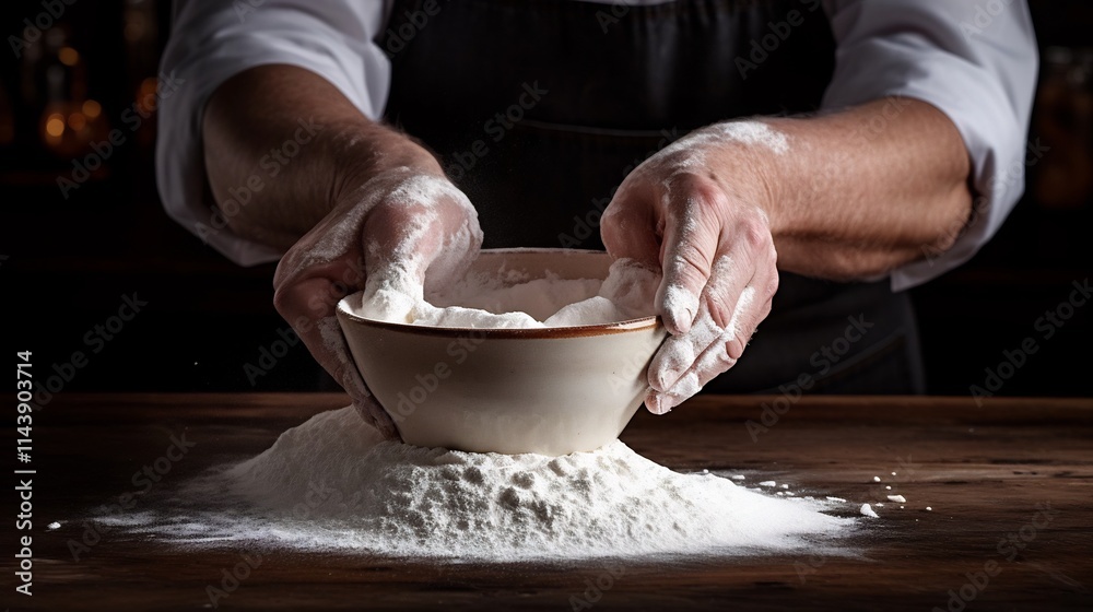 Close up of a hand holding a pinch of white sugar over a bowl of freshly mixed batter or dough ready for baking a delicious homemade pastry dessert or culinary creation Close up of a hand holding a pinch of white sugar over a bowl of freshly mixed batter or dough ready for baking a delicious homemade pastry dessert or culinary creation