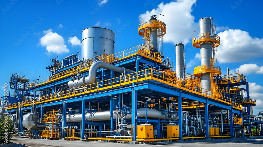 Fototapeta premium Industrial Refinery, Complex Steel Structure with Pipes and Towers under a Blue Sky